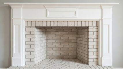 Obraz premium Elegant white brick fireplace with classic mantel in modern living room interior