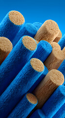 Abstract Cylinders with Blue and Tan Fuzzy Texture on Gradient Blue