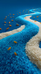 Abstract River of Blue and White Grains with Floating Orange Leaves on Royal Blue Background