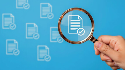 A hand holding a magnifying glass focuses on a document icon with a checkmark, on a blue background with blurred document icons