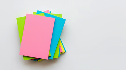 a stack of colorful notebooks on a white surface. The notebooks are arranged in a layered fashion. The top notebook is bright pink