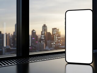 Smartphone on table by city window at sunset skyline