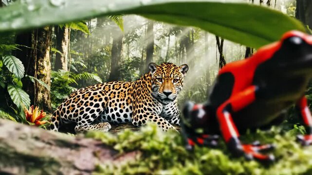 Jaguar and Poison Dart Frog in Lush Amazon Rainforest.