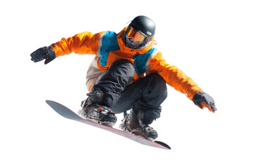 Snowboarder in midair performing an acrobatic jump with dynamic posture isolated on transparent background