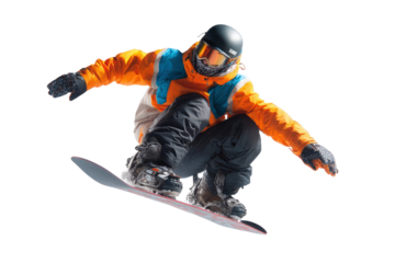 Snowboarder in midair performing an acrobatic jump with dynamic posture isolated on transparent background