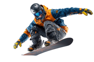 Snowboarder performing a dynamic jump in full winter gear isolated on transparent background