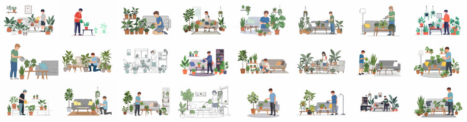 A collection of vector illustrations depicting people caring for houseplants in cozy living room interiors, highlighting home gardening and plant hobbyists. © Sabiqul