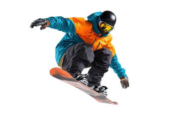 Snowboarder performing an aerial jump in colorful winter sports attire isolated on transparent background