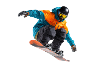 Snowboarder performing an aerial jump in colorful winter sports attire isolated on transparent background