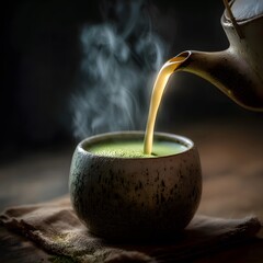 Soothing Matcha Tea Ritual with Steaming Ceramic Cup , and Minimal Aestheticcup of tea with smoke