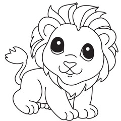 Obraz premium Happy lion cub sitting line art with fluffy mane ideal for greeting cards, scrapbooks, and children’s activity sheets.