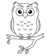 Happy owl perched line art with soft features ideal for greeting cards, scrapbooks, and kid-friendly illustrations.