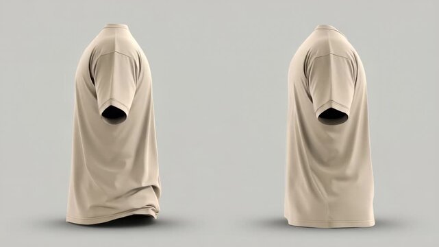 Model shows beige t-shirt from front and back against simple gray background in a casual setting for clothing display