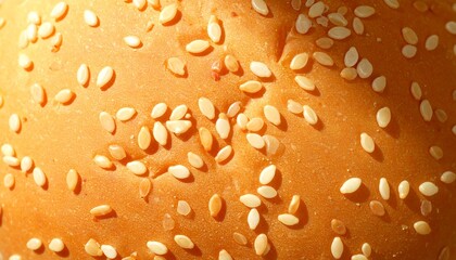 Close-up of Sesame Seeds Sprinkled on a Golden-Brown Baked Bread Surface