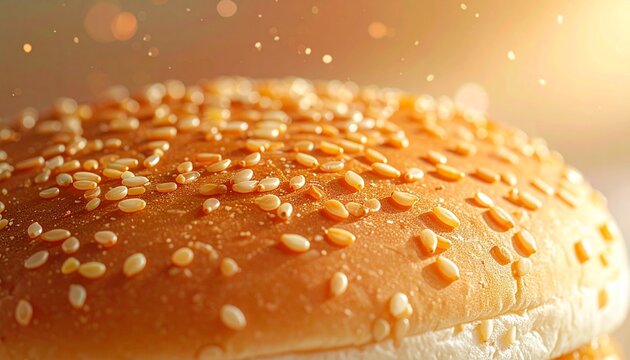 Close-up shot of a delicious golden-brown burger bun topped with toasted sesame seeds in warm sunlight