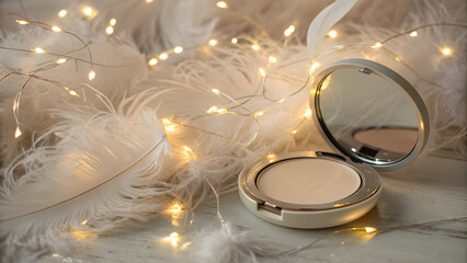 Open compact powder case with mirror on soft full hd 4k stock image download white feathers and warm fairy lights