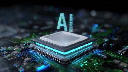 AI Chip: Futuristic abstract of a glowing AI chip, the core of advanced technology. It encapsulates innovation and digital intelligence.