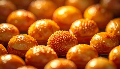 close up of golden baked bread rolls with textured surface