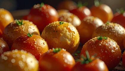 Vibrant red and golden spherical appetizers, freshly prepared and artfully seasoned for a delightful culinary experience