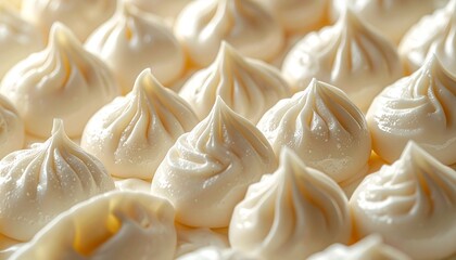 Close-up of numerous freshly made, uncooked Asian dumplings with intricate pleats, ready for steaming