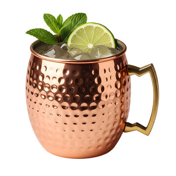 Moscow mule cocktail in a copper mug isolated on transparent background
