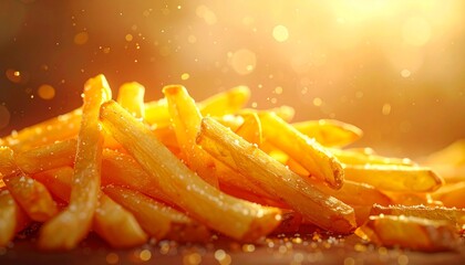 Golden crispy french fries freshly cooked and seasoned with salt, bathed in warm, appetizing light, a delicious snack