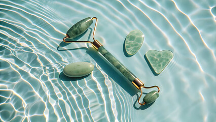 Green jade facial roller and gua sha stones floating in rippling blue water full hd 4k stock image download