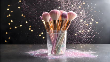 Makeup brushes with pink and purple bristles in a glass jar surrounded by pink glitter and bokeh lights full hd 4k stock image download