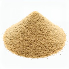 Elevated pile of fine light brown powder on a clean white background suggests texture