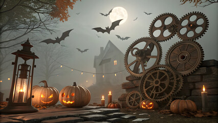 Steampunk Halloween scene with carved pumpkins glowing lanterns and flying bats against a full moon full hd 4k stock image download
