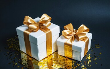 Two elegant white gift boxes are beautifully wrapped with shimmering gold ribbons and bows. 