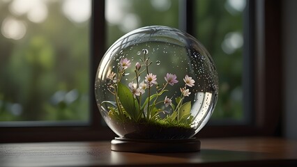 Flawless glass globe with miniature spring garden, gentle morning glow, premium minimal aesthetic