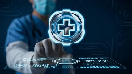 Medical and healthcare icons for futuristic cyber technology on dark blue background. Medical healthcare video of doctor pressing button. Modern medical type. 4k video. - Powered by Adobe