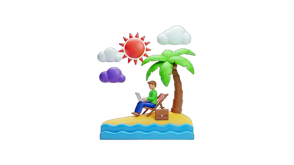 Man working on laptop on tropical island