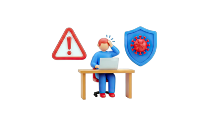 Man Worried About Covid-19 at Work with Warning Sign and Shield