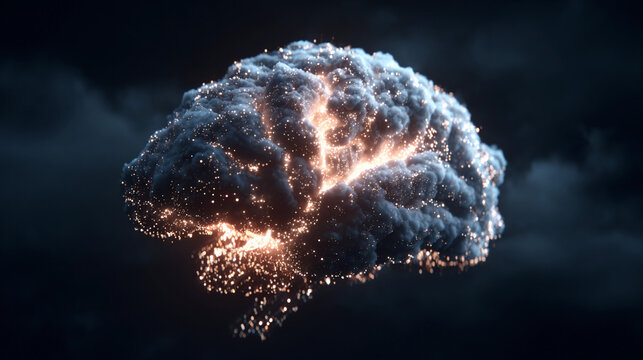 Sparkling cloud-like brain lit against dark backdrop