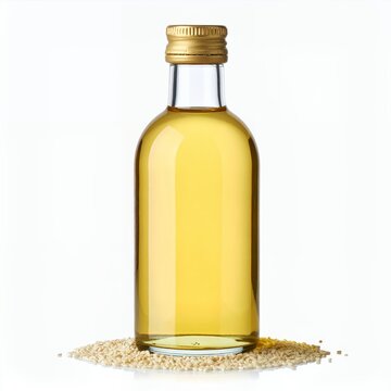 Elegant bottle of golden oil, showcasing natural wellness essence on white backdrop
