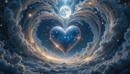 Majestic glowing heart-shaped figure soaring in a vortex of celestial bodies, cosmic atmosphere
