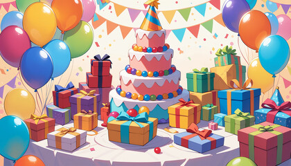 Colorful birthday table with a cake, gifts, and balloons, festive decoration, joyful atmosphere