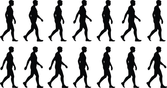 Silhouette animation sequence of a person walking cycle.