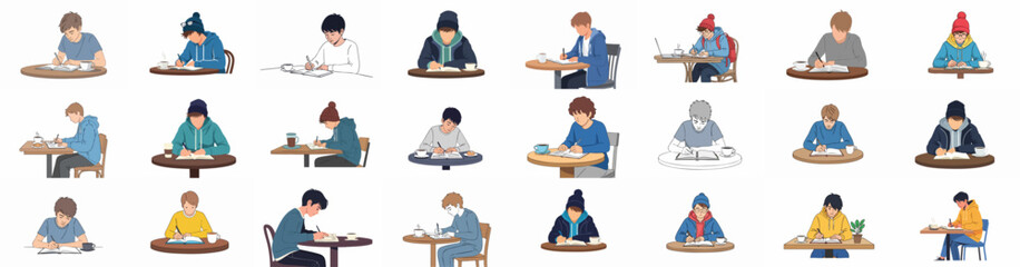 Diverse collection of young men studying, writing, and working at desks and cafe tables, featuring coffee cups and casual wear illustrations.