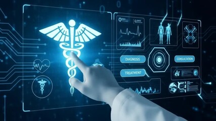 Medical and healthcare icons for futuristic cyber technology on dark blue background. Medical healthcare video of doctor pressing button. Modern medical type. 4k video. - Powered by Adobe