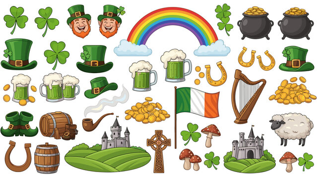 St patricks day icons set with rainbow and beer