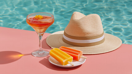 Naklejka premium Colorful frozen pops and a chilled drink await by the pool under a radiant sun Generative AI