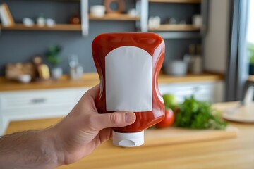 A person holding a tomato ketchup bottle mockup with kitchen background 