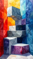 Geometric abstraction showcasing floating, angular blocks in a vibrant spectrum against a textured backdrop. Watercolor medium