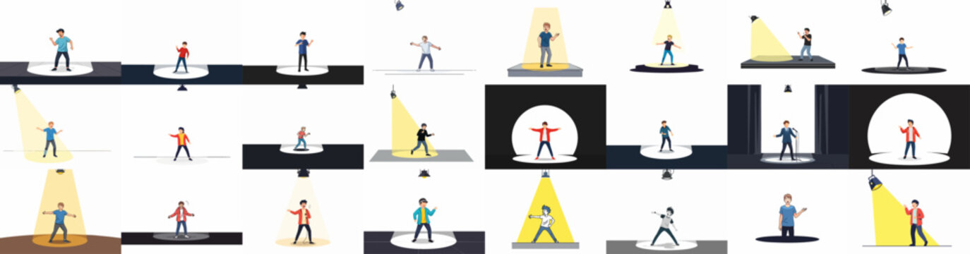 Collection of flat vector illustrations featuring men performing or speaking on various stages, intensely illuminated by bright yellow spotlights.