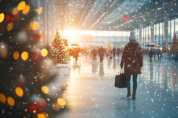 Whimsical modern travelers explore a snow-covered airport terminal adorned with festive Christmas decorations, capturing holiday travel magic and winter wanderlust vibes.

Tags (&le;40 words, simple, com
