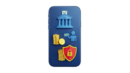 Mobile Banking App with Financial Icons on White Background
