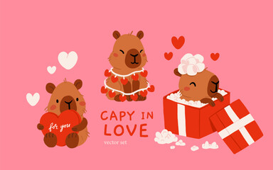 Cute Valentines Day capybara clipart set with heart balloons, romantic letters, capybara in gift box, kawaii animals with hearts, love messages and presents, characters for cards, stickers and print